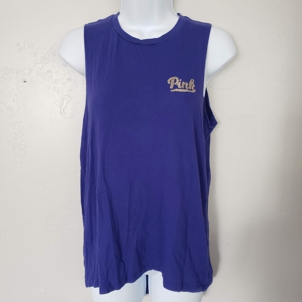 Pink VS Victoria's Secret Cobalt Blue Muscle Tee Tank Top Gold Sequin Bling Logo
